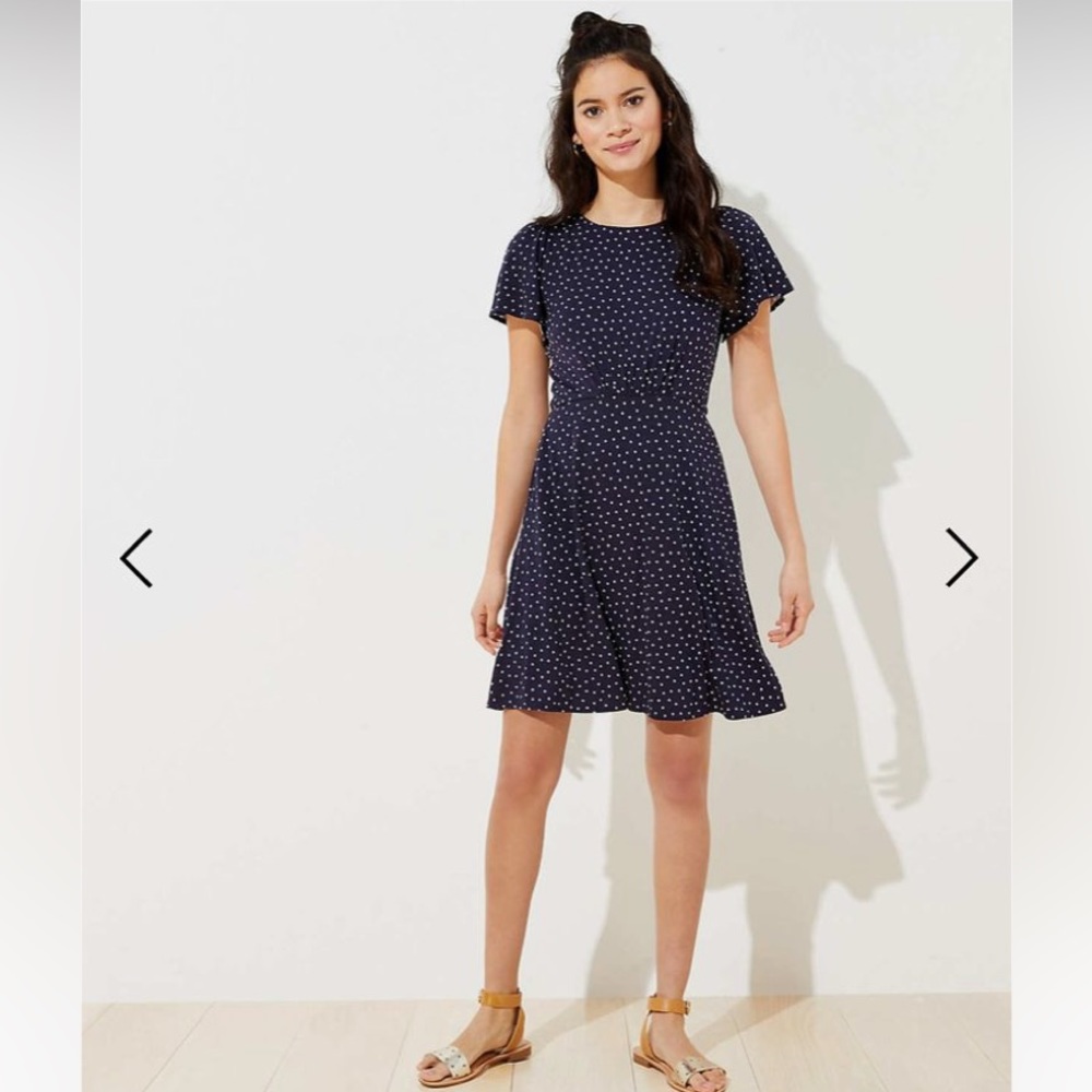 Loft: petite, tie back, polkadotted, flare dress